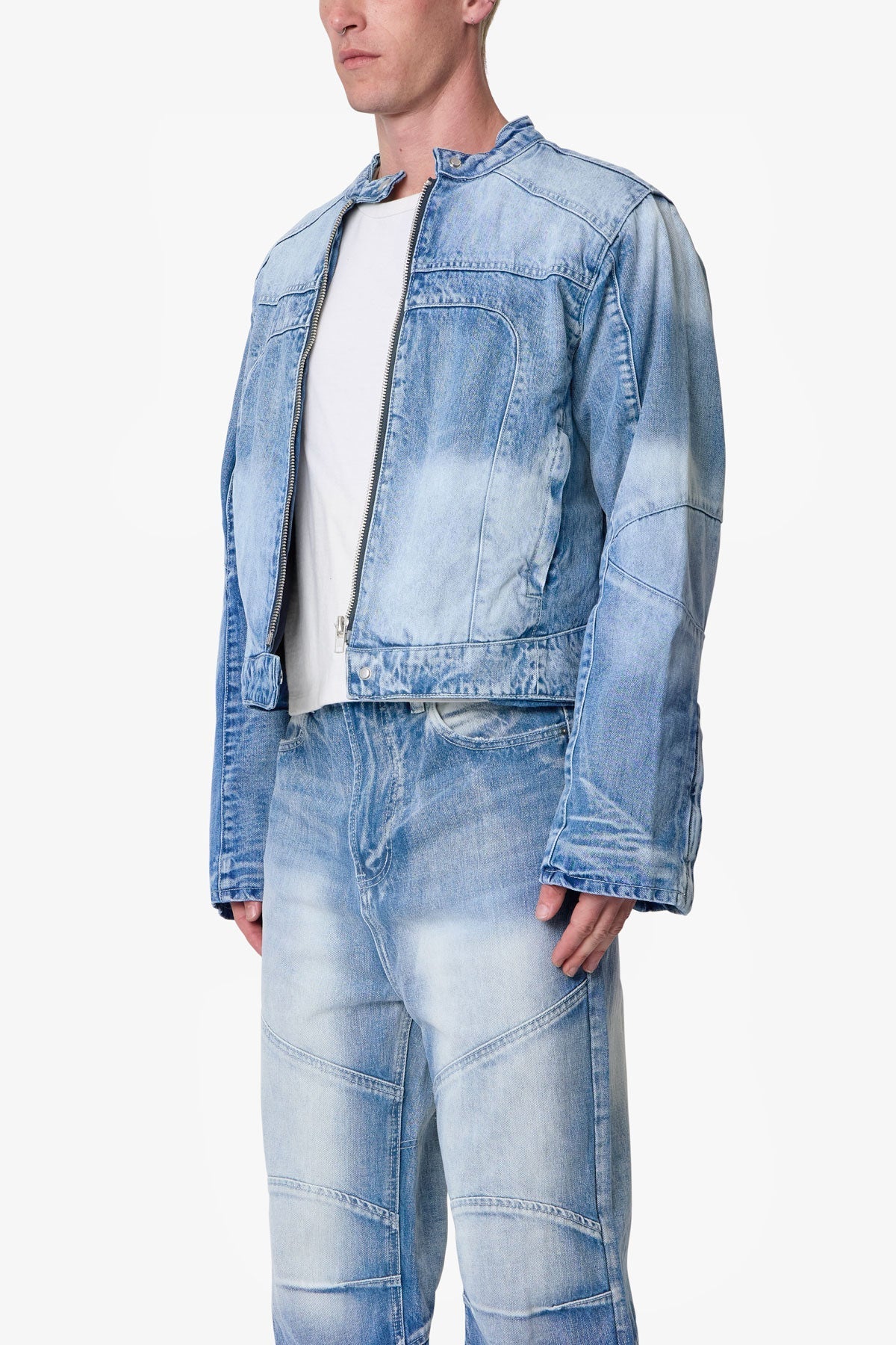 Súeter de Denim con Detalles de Paneles Estilo Motero - Azul Claro