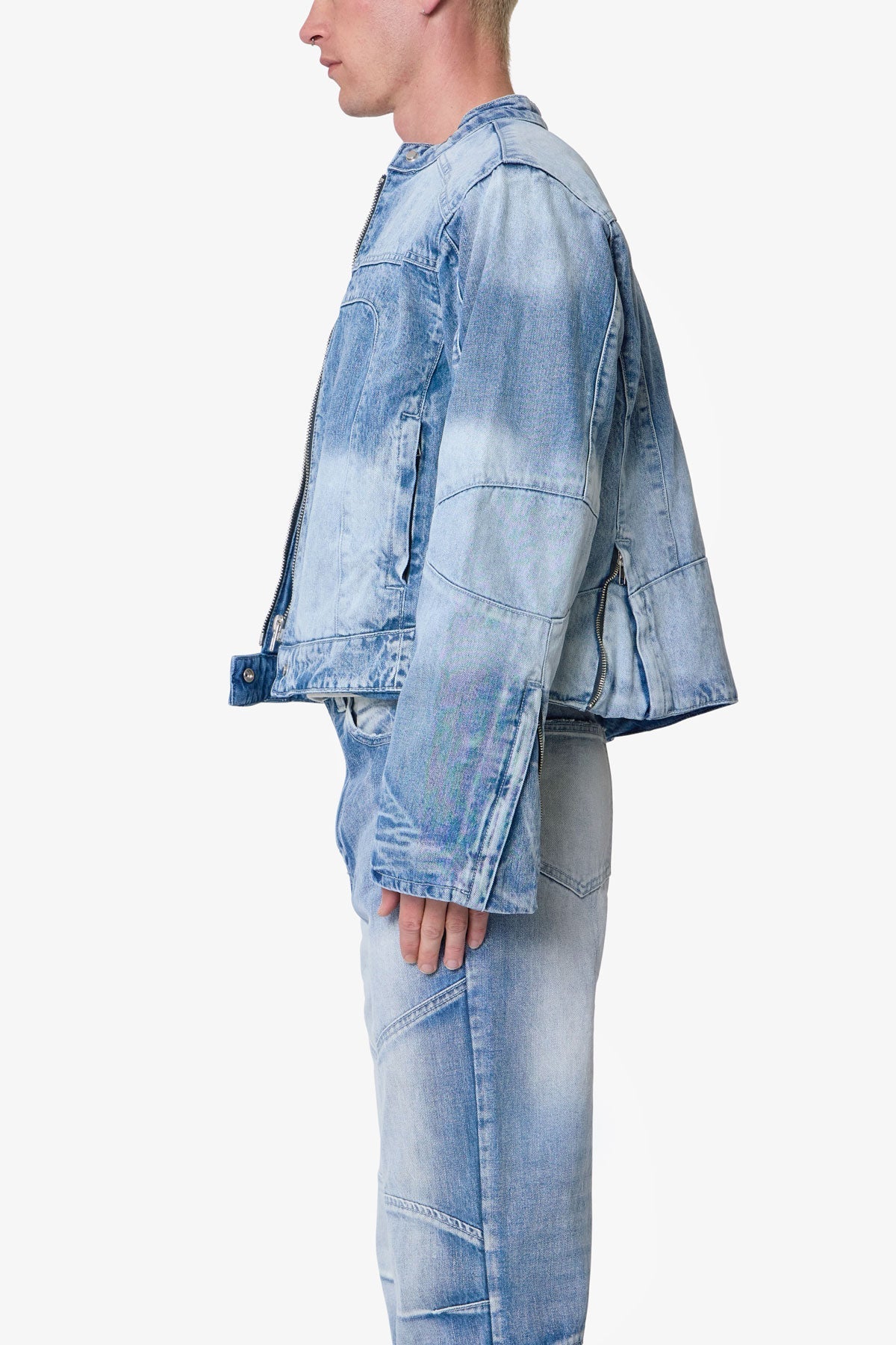 Súeter de Denim con Detalles de Paneles Estilo Motero - Azul Claro