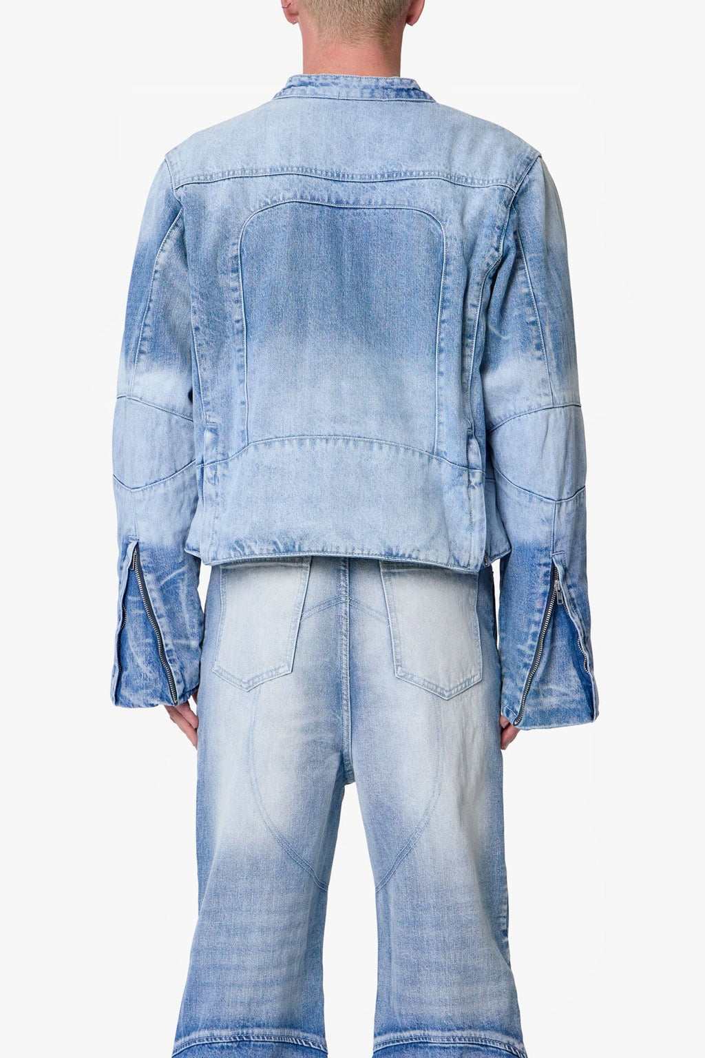 Súeter de Denim con Detalles de Paneles Estilo Motero - Azul Claro