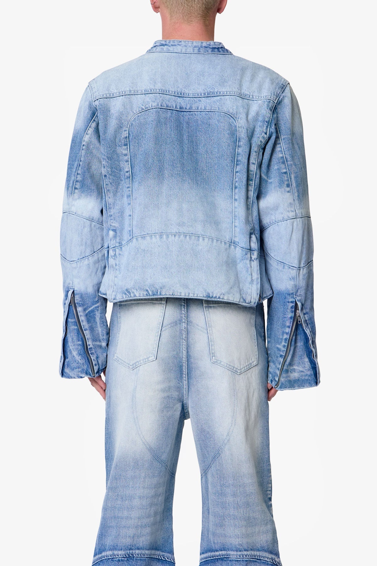 Súeter de Denim con Detalles de Paneles Estilo Motero - Azul Claro