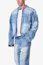 Súeter de Denim con Detalles de Paneles Estilo Motero - Azul Claro