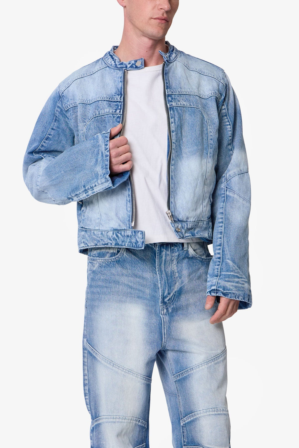 Súeter de Denim con Detalles de Paneles Estilo Motero - Azul Claro