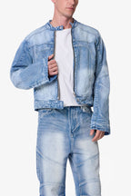 Súeter de Denim con Detalles de Paneles Estilo Motero - Azul Claro