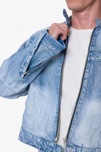 Súeter de Denim con Detalles de Paneles Estilo Motero - Azul Claro
