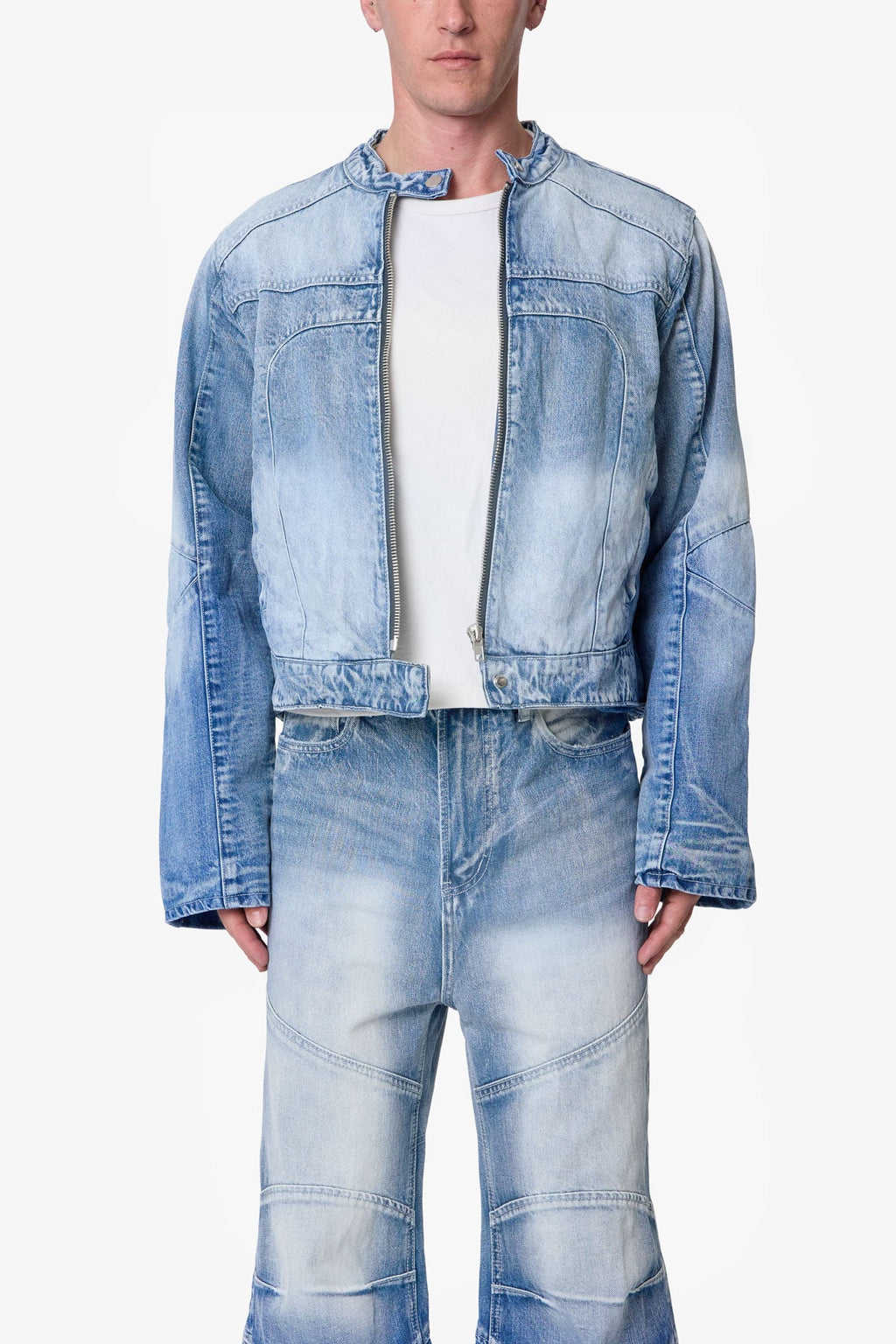 Súeter de Denim con Detalles de Paneles Estilo Motero - Azul Claro