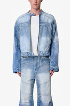 Súeter de Denim con Detalles de Paneles Estilo Motero - Azul Claro