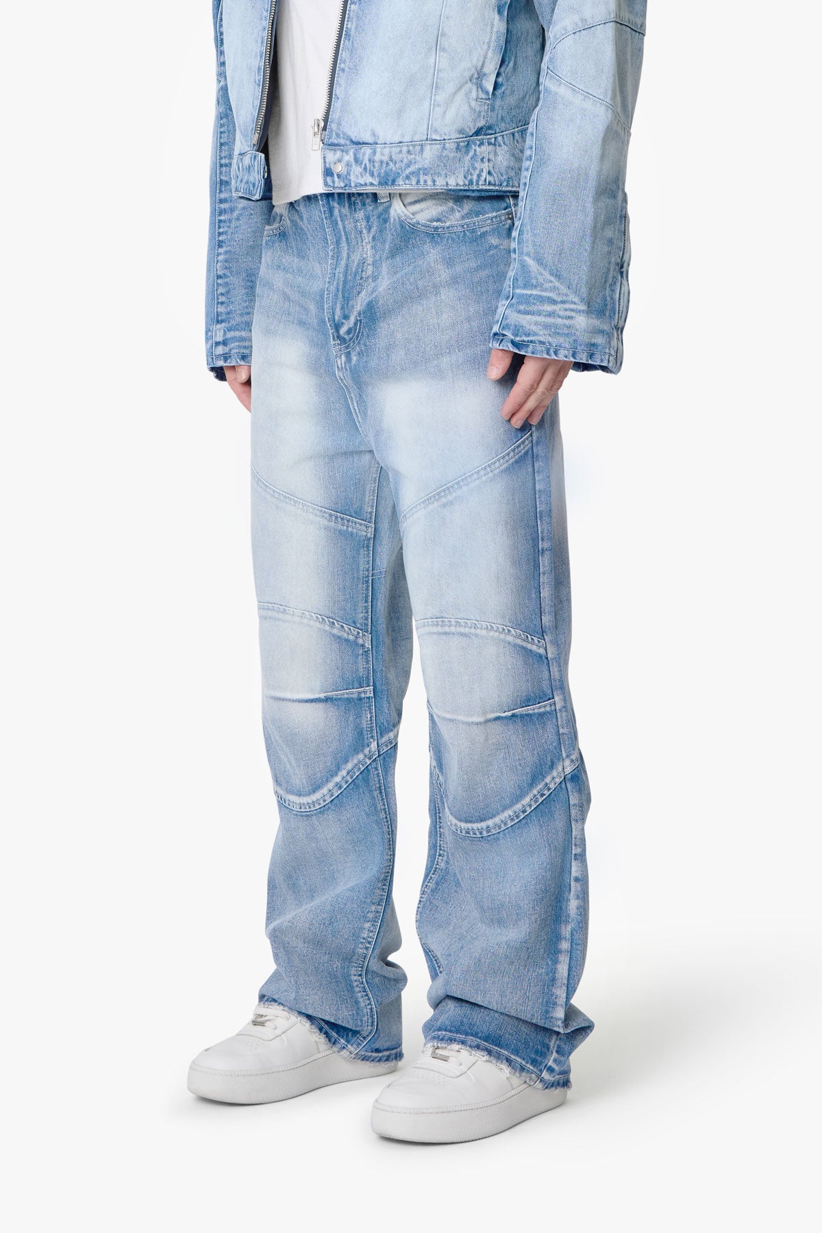 Pantalones Denim Estilo Motero con Paneles - Azul Lavado
