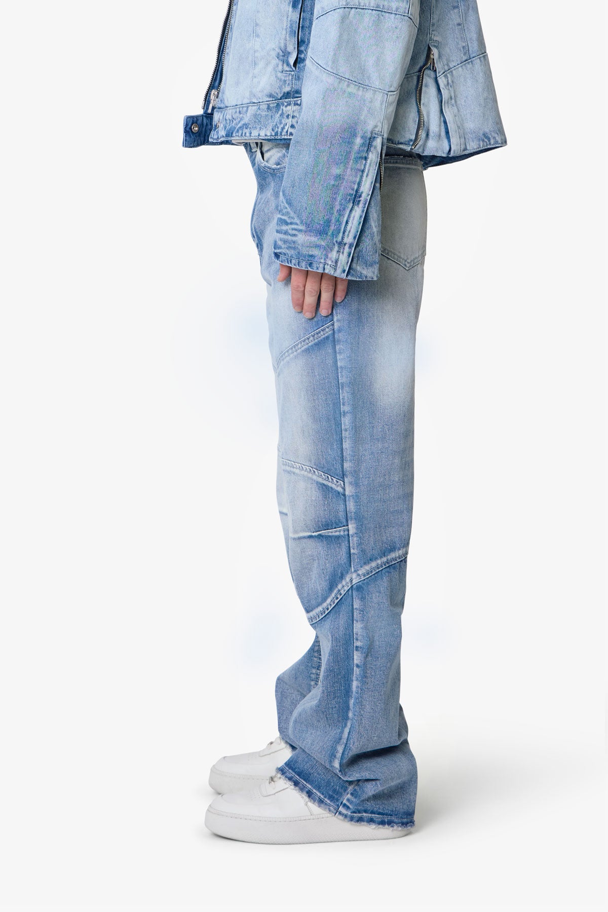 Pantalones Denim Estilo Motero con Paneles - Azul Lavado