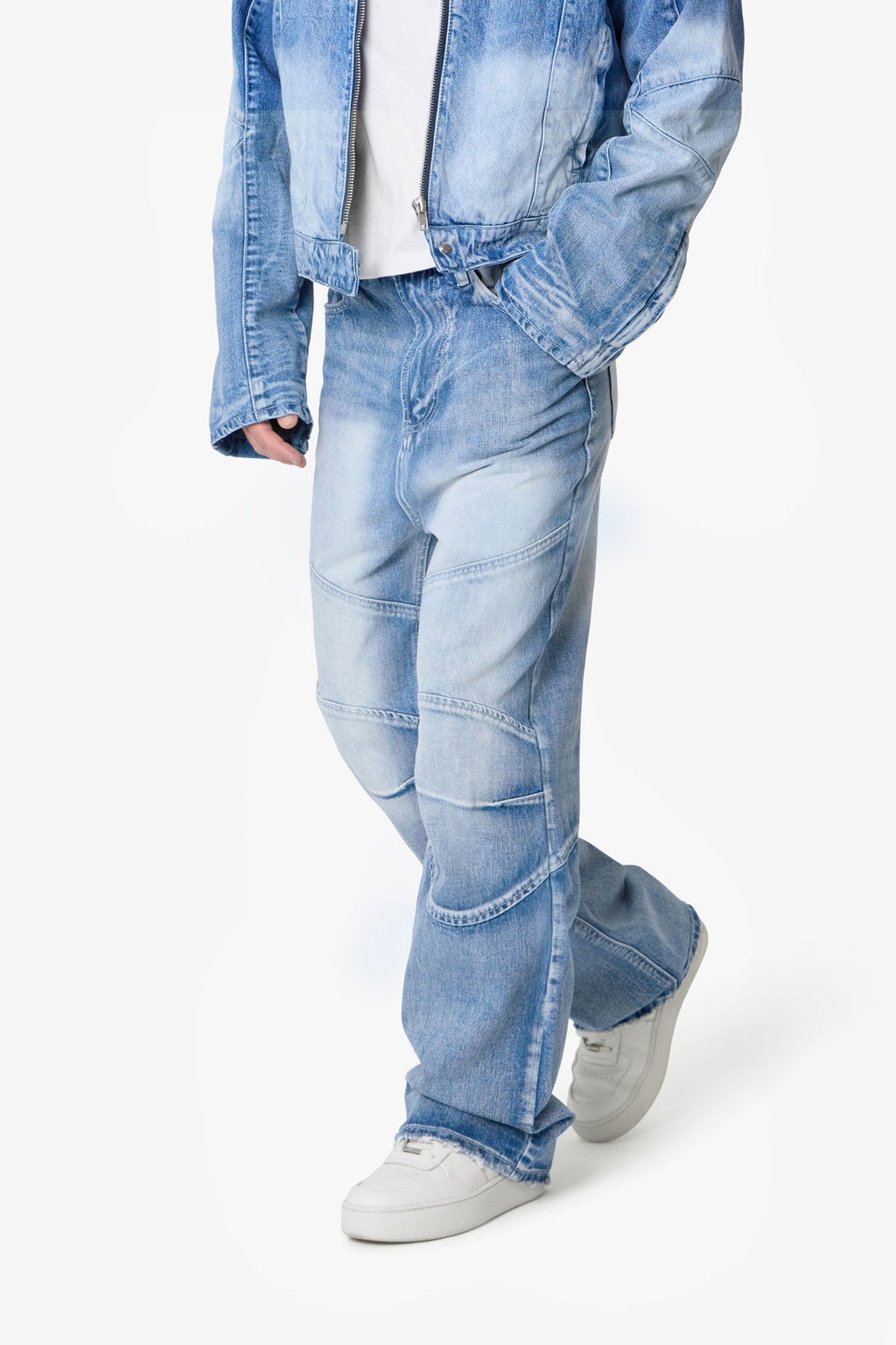 Pantalones Denim Estilo Motero con Paneles - Azul Lavado