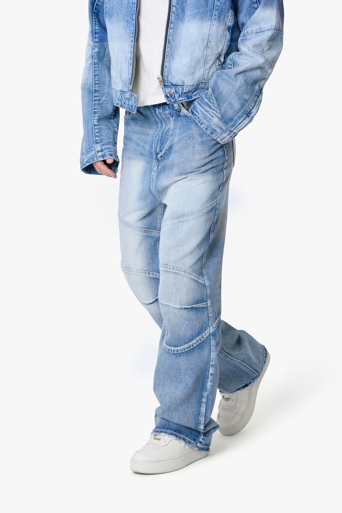 Pantalones Denim Estilo Motero con Paneles - Azul Lavado