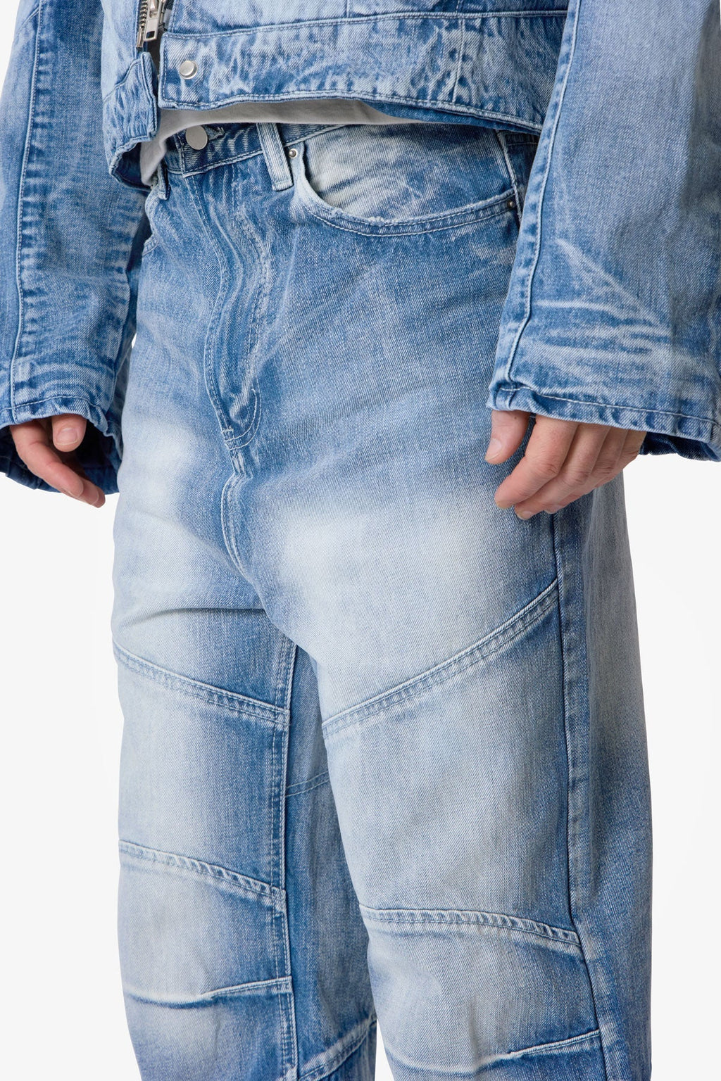 Pantalones Denim Estilo Motero con Paneles - Azul Lavado
