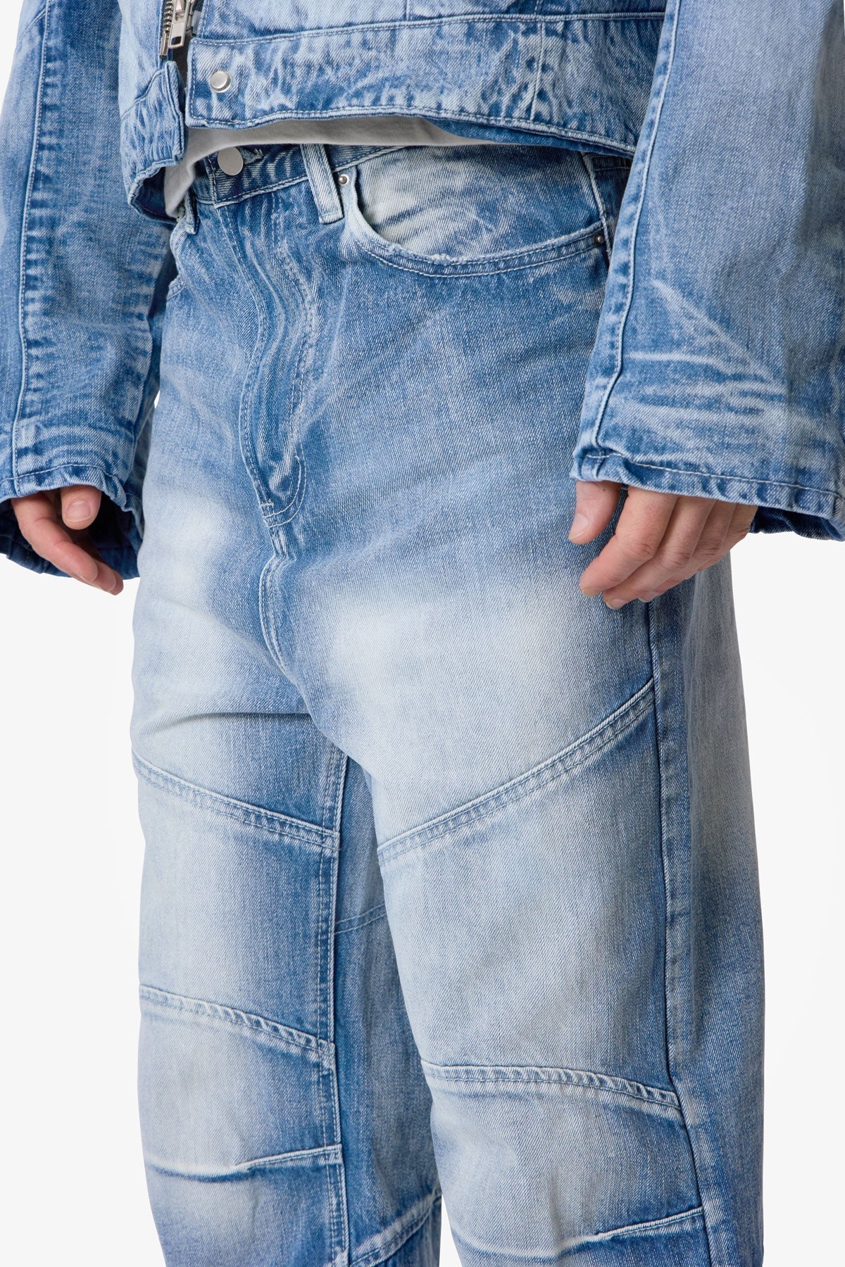 Pantalones Denim Estilo Motero con Paneles - Azul Lavado