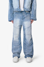 Pantalones Denim Estilo Motero con Paneles - Azul Lavado