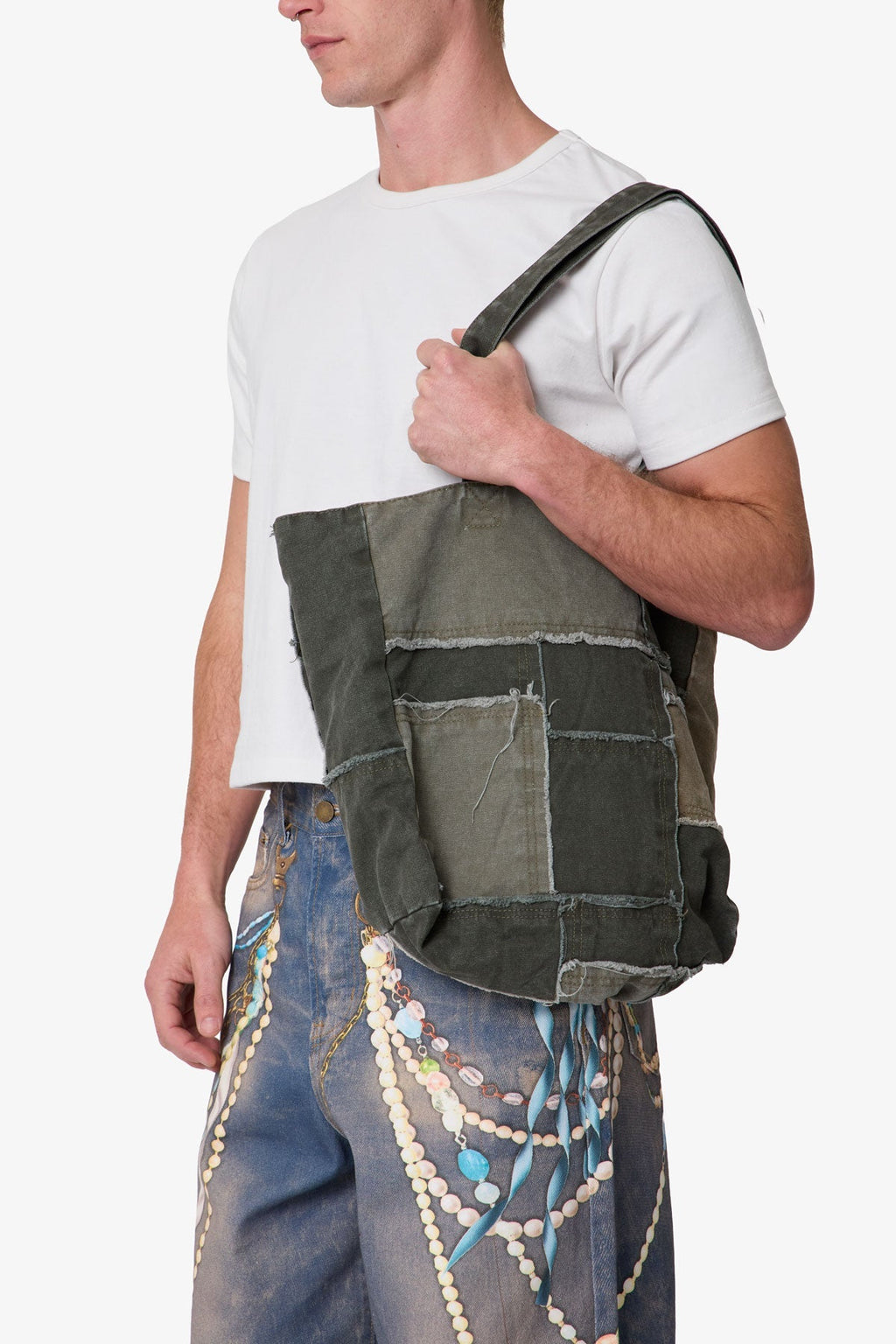 Bolsa Tote de Tela Reconstruida con Detalles - Oliva