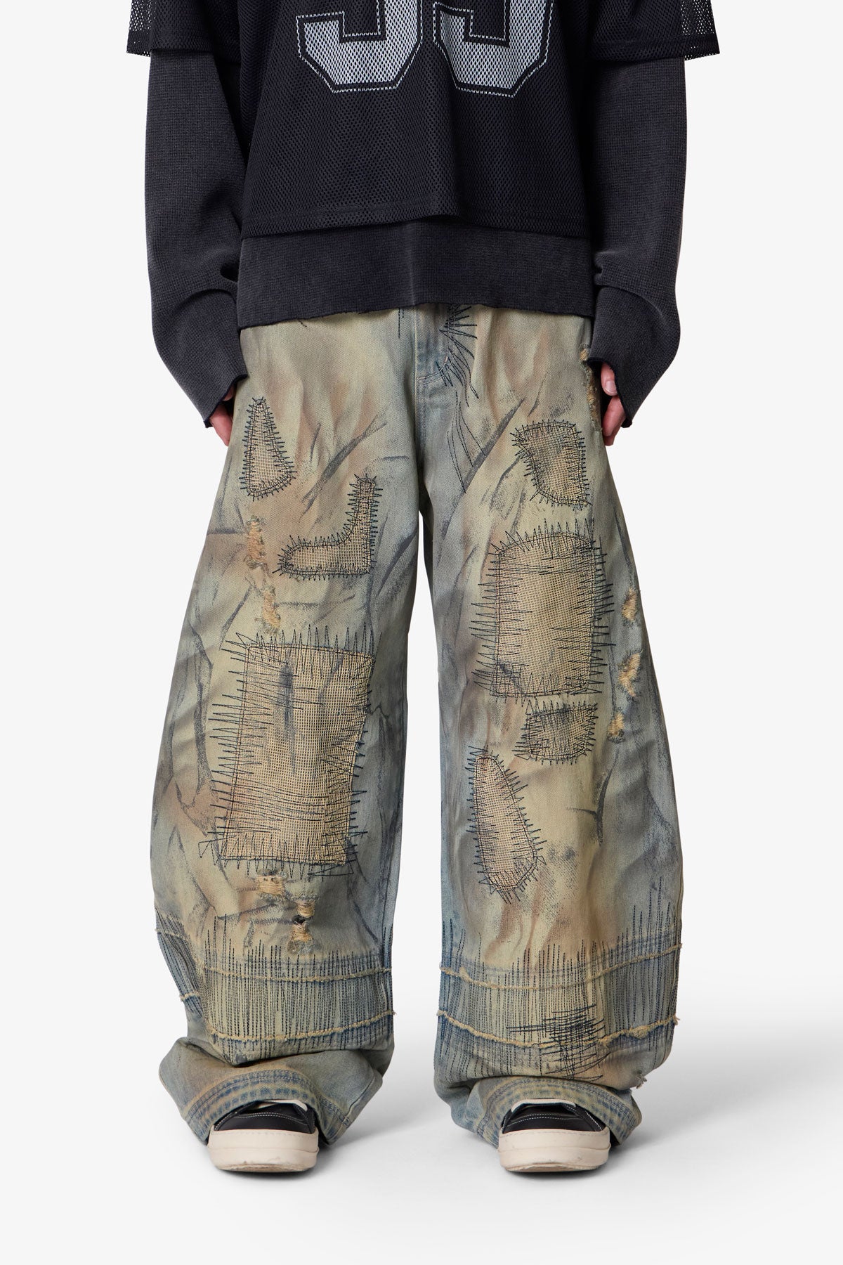 Jeans Barril Vintage con Costuras Decorativas - Azul Vintage