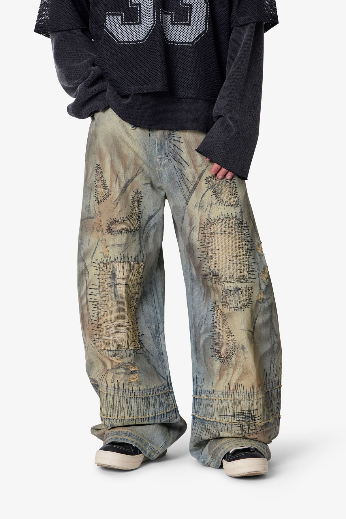 Jeans Barril Vintage con Costuras Decorativas - Azul Vintage