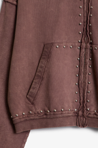 Sudadera con Capucha y Cierre Decorada con Tachuelas - Marrón Lavado