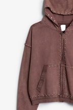 Sudadera con Capucha y Cierre Decorada con Tachuelas - Marrón Lavado