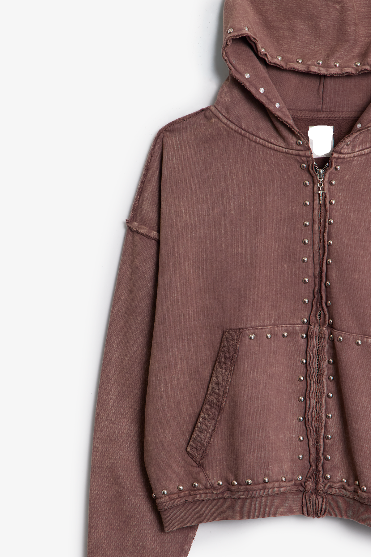 Sudadera con Capucha y Cierre Decorada con Tachuelas - Marrón Lavado