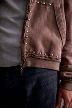 Sudadera con Capucha y Cierre Decorada con Tachuelas - Marrón Lavado